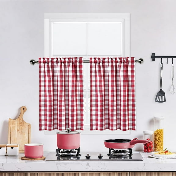 Red White Cafe Kitchen Curtains 45 Inches Length,Burgundy Buffalo Check Pattern Short Bathroom Window Curtain, Plaid Gingham Design Half Window Tier Curtains, 28" x 45", Red/White, Set of 2