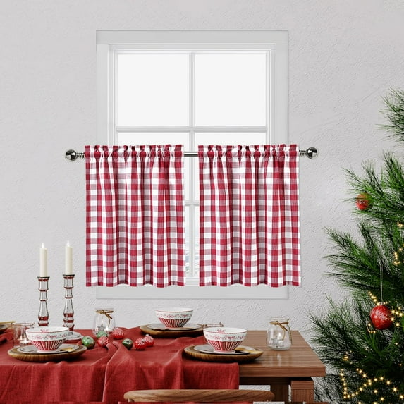 Red White Cafe Kitchen Curtains 45 Inches Length,Burgundy Buffalo Check Pattern Short Bathroom Window Curtain, Plaid Gingham Design Half Window Tier Curtains, 28" x 45", Red/White, Set of 2