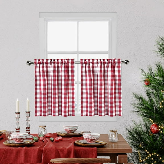 Red White Cafe Kitchen Curtains 45 Inches Length,Burgundy Buffalo Check Pattern Short Bathroom Window Curtain, Plaid Gingham Design Half Window Tier Curtains, 28" x 45", Red/White, Set of 2