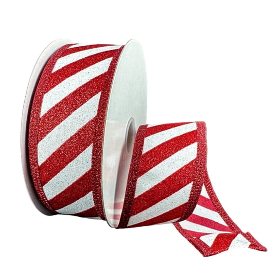 Red White Candy Cane Glitter Striped Wired Ribbon, 1.5in x 10 yds