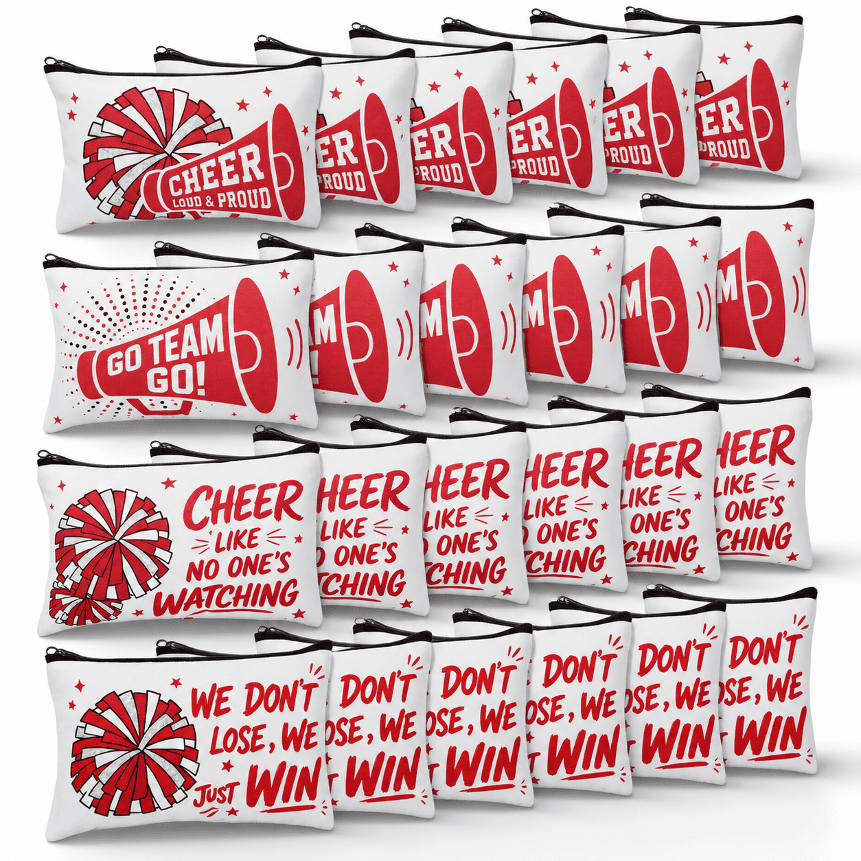 Red White Canvas Zipper Makeup Bags Bulk 24 Pack Cheer Theme Party ...