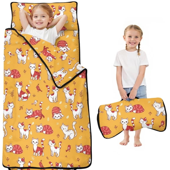 Red and White Cat and Bird Yellow Kids Nap Mat, All-in-One Nap Pad with Handle & Fastening Straps, Easy Roll Up Gifts for Toddlers Kids Boys Girls,50"x20"