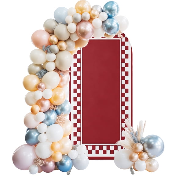 Red White Checkerboard Border Pattern Wedding Arch Backdrop Cover 4FT ,Spandex Fitted Frame Design Wedding Arch Covers Round Top Chiara Arches Backdrop Stand Cover for Birthday Party Ceremony
