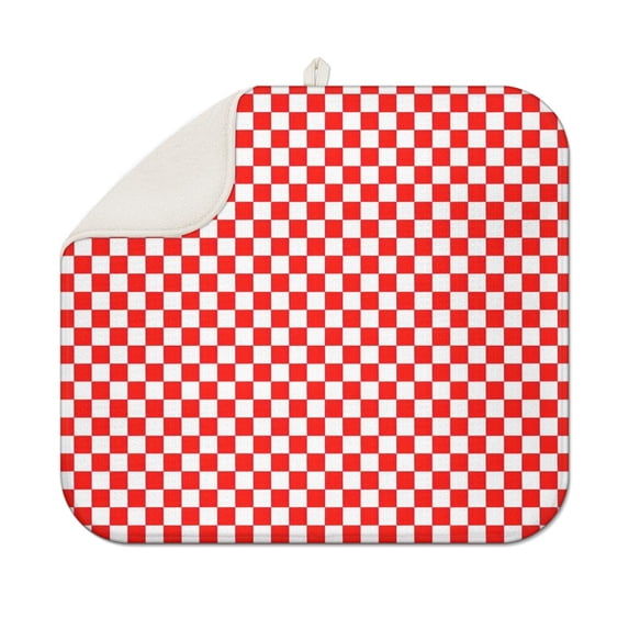 Red White Checkerboard Checkered Pattern Dish Drying Mat for Kitchen 1 Pack, Ultra Absorbent Microfiber Dishes Drainer Mats,16"x18"