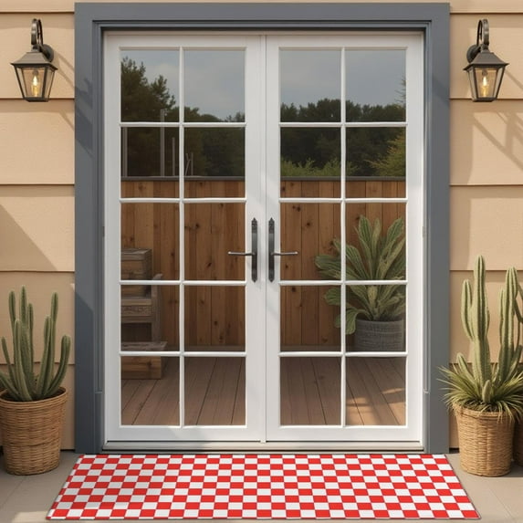 Red White Checkerboard Checkered Pattern Door Rugs,Washable Non Slip Door Mats Indoor,Decorative Door Mats,Entry Mat Indoor for Entrance,Bedroom,Kitchen,Bathroom,16"x47"