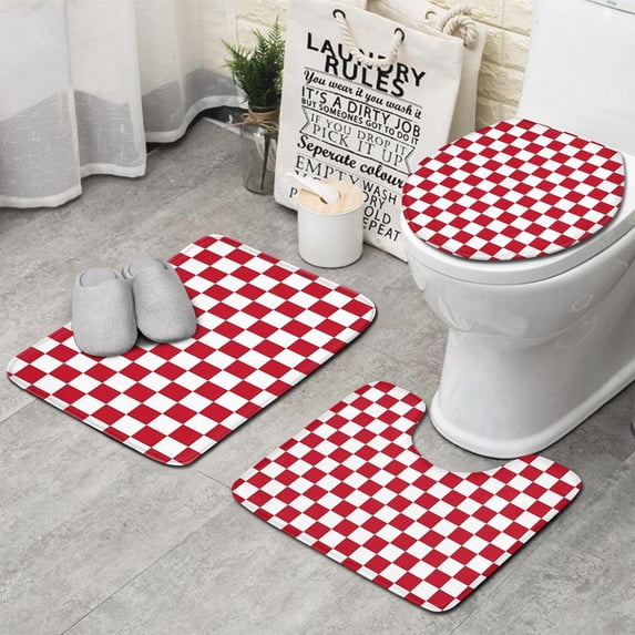 Red and White Checkered Pattern Bathroom Rugs Sets 3 Piece,Toilet Cover Set,Absorbent Non Slip Bathroom Mats Sets with U-Shaped Contour Rug Toilet Rug Set