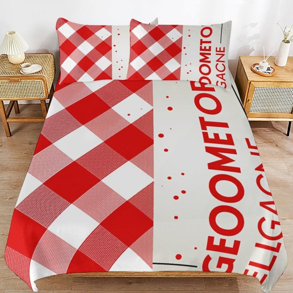 Red White Checkered Pattern Geometric Design Quilt Cover 3pcs Set Home Textiles Duvet Cover Set Pillowcases Soft Comfortable Bedding Set King