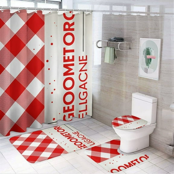 Red White Checkered Pattern Geometric Design Shower Curtain Bathroom Sets Toilet Lid Rug, Rugs Mat Bath Mat And Contour Mat, Shower Curtain 4Pcs
