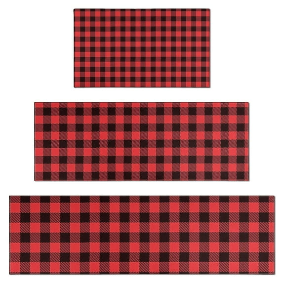 Red and White Checkered Pattern Kitchen Rugs Sets Of 3,Kitchen Runner Rugs Non Skid Washable,Decorative Kitchen Floor Mats for Kitchen,Sink,Laundry,17"x30"+ 17"x47" + 17"x59"