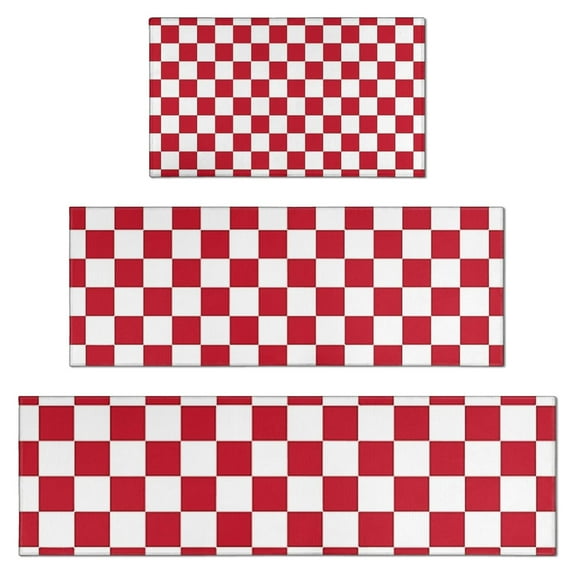 Red and White Checkered Pattern Kitchen Rugs Sets Of 3,Kitchen Runner Rugs Non Skid Washable,Decorative Kitchen Floor Mats for Kitchen,Sink,Laundry,17"x30"+ 17"x47" + 17"x59"