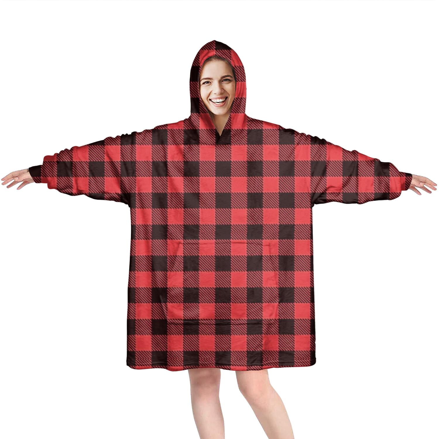 Red and White Checkered Pattern Wearable Oversized Blanket,Wearable Blanket Hoodie for Adults,Cozy Hooded Blankets with Super Pockets,Super Warm Fuzzy Pullover for Women & Men