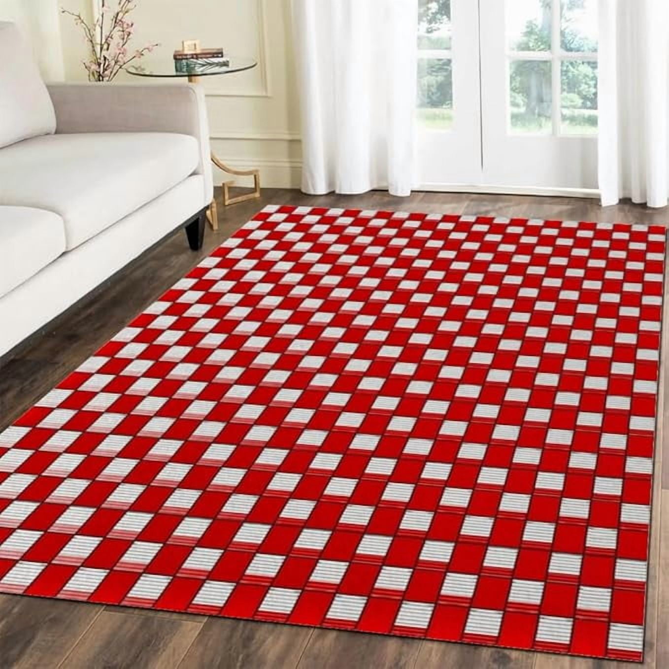 Decorative Rubber Back Rug Red And White Checkered Rug, Geometry Washable Non-Slip Rubberback Rug ...