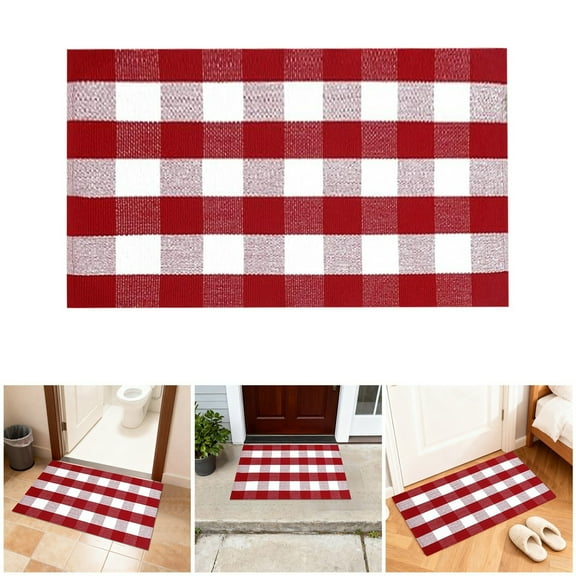 Red And White Checkered Rug Hand Woven Layered Doormat Suitable For Front Porch Entrance Outdoor Holiday Washable Suitable For Home Patio And Kitchen Use. Carpet