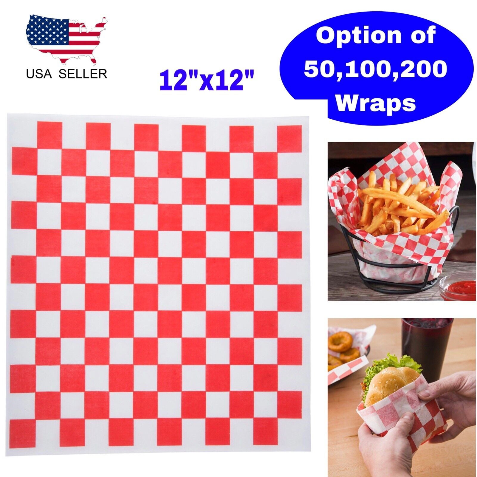 Red & White Checkered Wax Deli Sandwich Wrap Paper Sheets Basket Liner