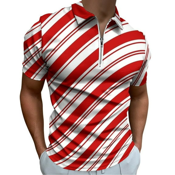 Red White Christmas Candy Cane Men Zipper T-shirt Summer Casual Short Sleeve T-shirt Top