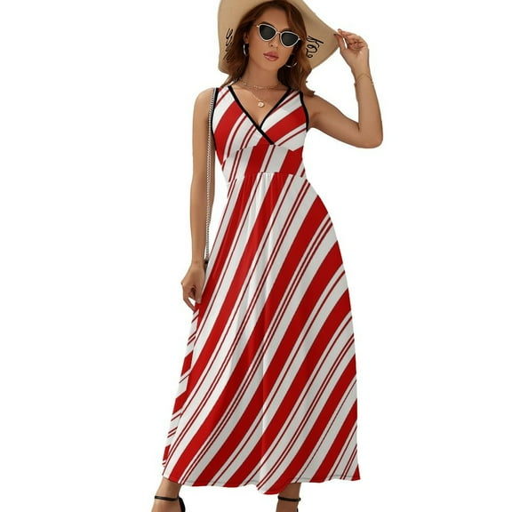 Red White Christmas Candy Cane Womens Night Club Maxi Dress V Neck Sleeveless Bohemia Long Dresses