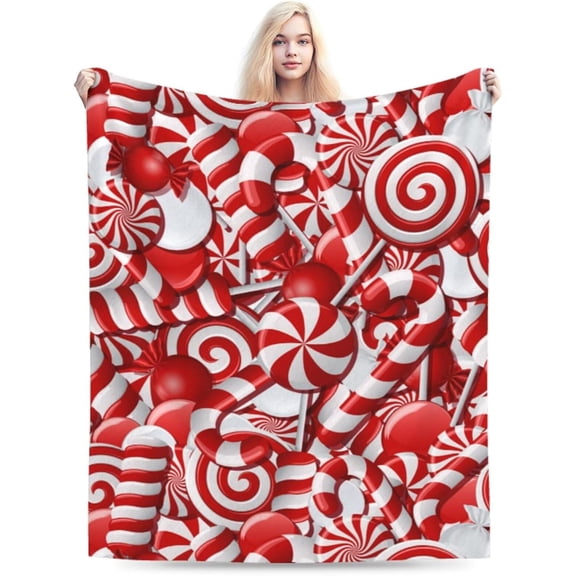 Red White Christmas Candy Canes Blanket Soft Comfy Flannel Throw Blankets Lightweight Warm Bed Throws Plush for Couch Sofa Camping Office Travel Home Bedroom Decor Girls Boys Women Men Gifts 80"X60"