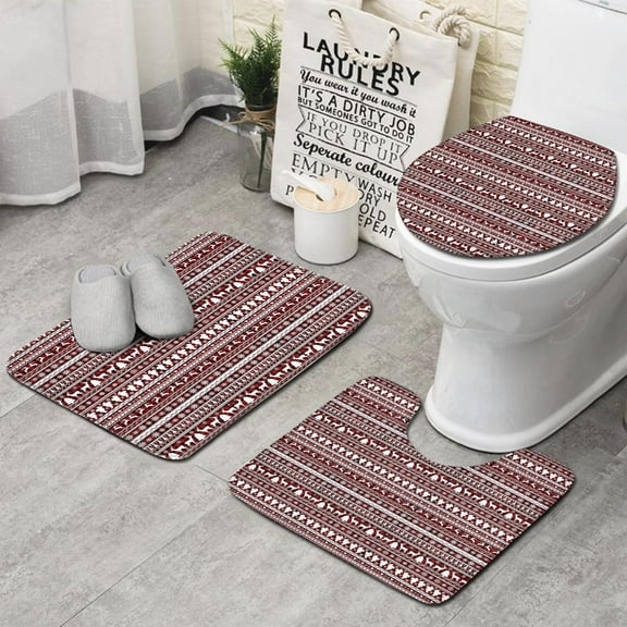 Red and White Christmas Folk Pattern Bathroom Rugs Sets 3 Piece,Toilet Cover Set,Absorbent Non Slip Bathroom Mats Sets with U-Shaped Contour Rug Toilet Rug Set