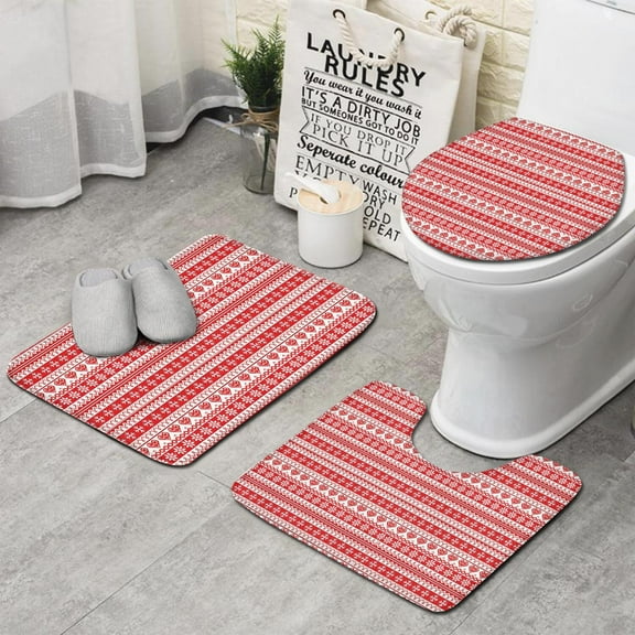 Red and White Christmas Pattern Bathroom Rugs Sets 3 Piece,Toilet Cover Set,Absorbent Non Slip Bathroom Mats Sets with U-Shaped Contour Rug Toilet Rug Set
