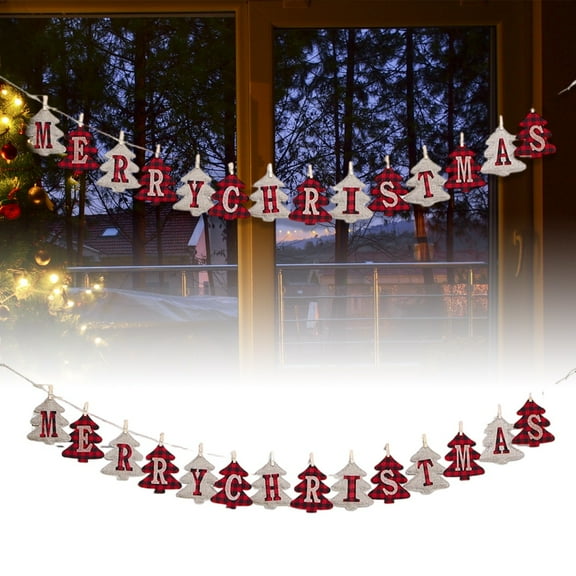 Red and White Christmas Polyester Banner with 5.11 Inch Letters, Xmas Tree Shapes, Merry Christmas Pre-Assembled Holiday Garland for Party Home Celebration