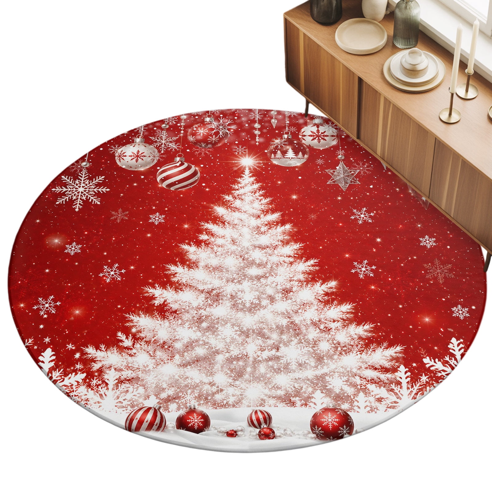 Red White Christmas Tree Hanging Ornaments Area Rug 3', Snowflakes Soft ...
