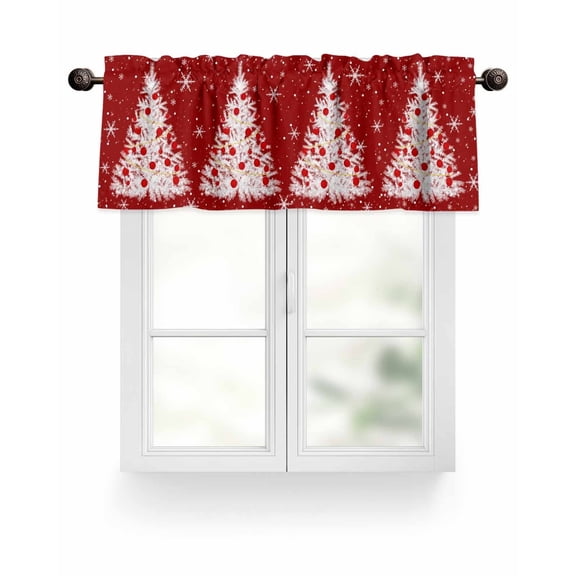 Red White Christmas Tree Kitchen Valances for Windows Winter Pine Tree Snowflake Valance Curtains&nbsp; for Kitchen /Living Room/Bedroom/ Bathroom Decor, 54"x18 " ,Rod Pocket 1 Panel,