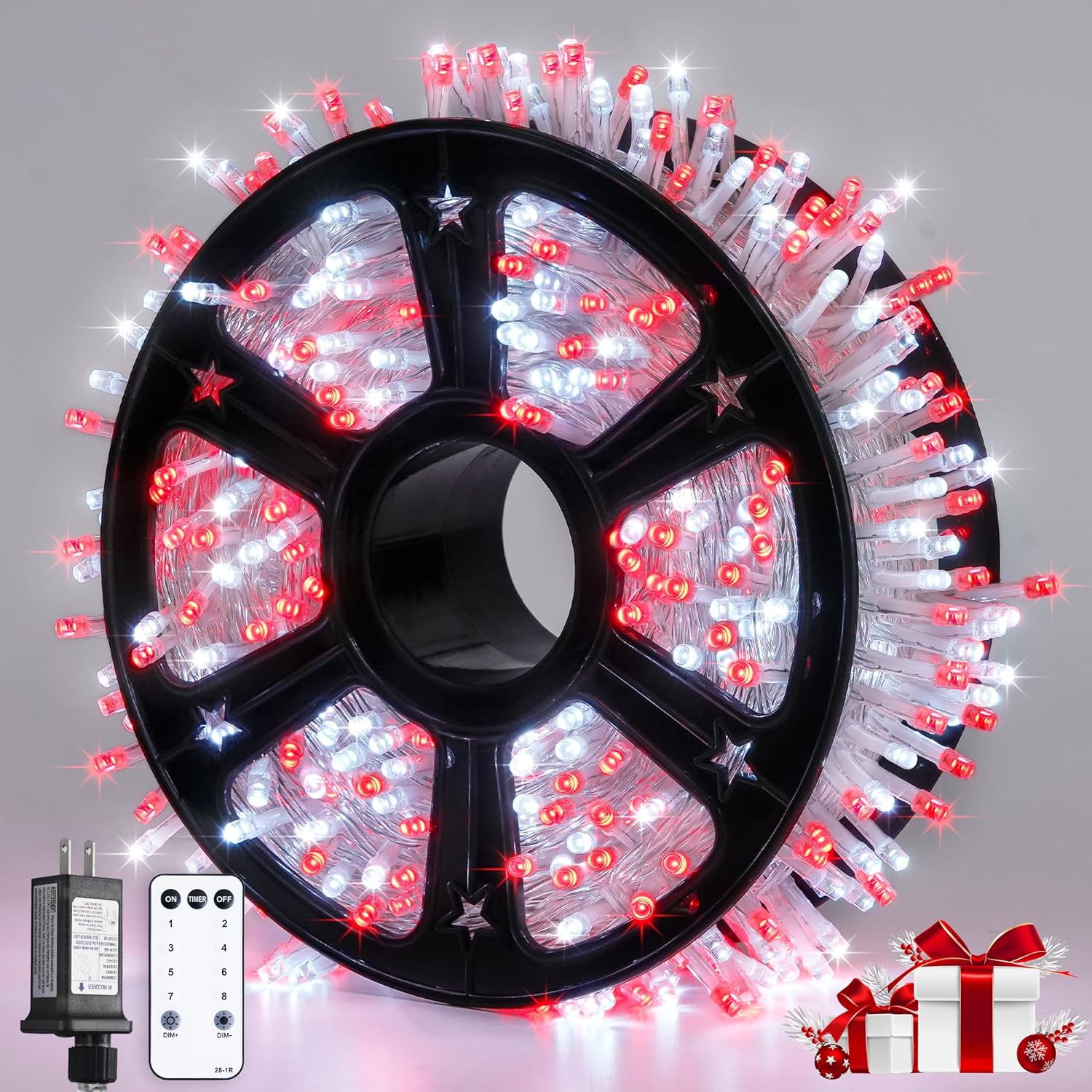 Red and White Christmas Tree Lights with Remote, 600 LED String Lights