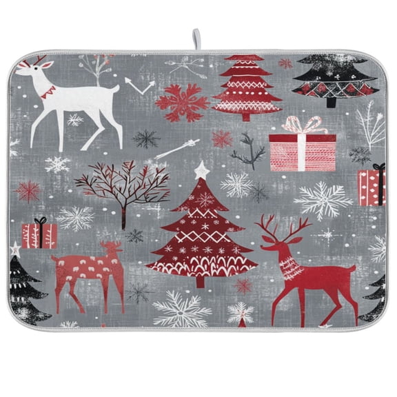 Red and White Christmas Tree PatternsKitchen Drying Mat Heat Resistant Drainage with Non-Slip Rubber Backing Hides Stains Super Absorbent Easy to Clean 18×24in