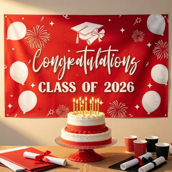 Red White Class Of 2026 Graduation Photo Backdrop Congrats Grad Polyester Cake Booth Banner Lightweight Reusable Graduation Party Wall Decor 71x43 in