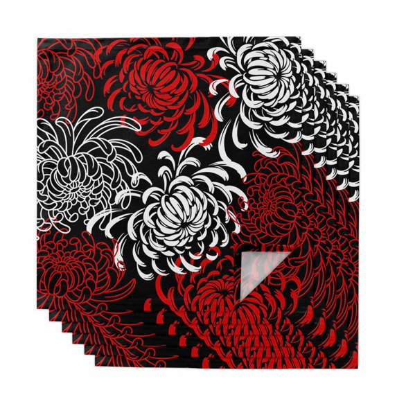 Red White Cloth Napkins, Abstract Black Chrysanthemum Flower Floral Washable and Reusable Dinner Napkins Set of 6, Table Napkin for Kitchen Party Birthday Wedding Hotel Housewarming 20"x20"