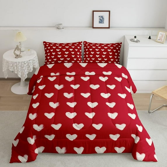 Red White Comforter Set Twin Size Cute Heart Pattern Bedding Valentine Day Gift Quilt Cartoon Love Geometric Duvet Insert Love Heart Soft Warm Bedding Sets Bedroom Decor 2Pcs