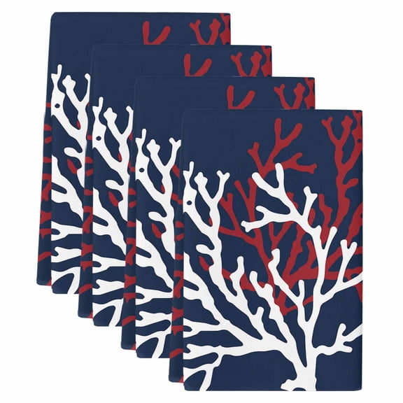 Red White Coral Kitchen Towels Set of 4, Absorbent Microfiber Dish Tea Towels with Hanging Loop, Summer Ocean Nautical Coastal Navy Blue Resuable Hand Towel for Home Kitchen Cooking Cleaning 18"x28"