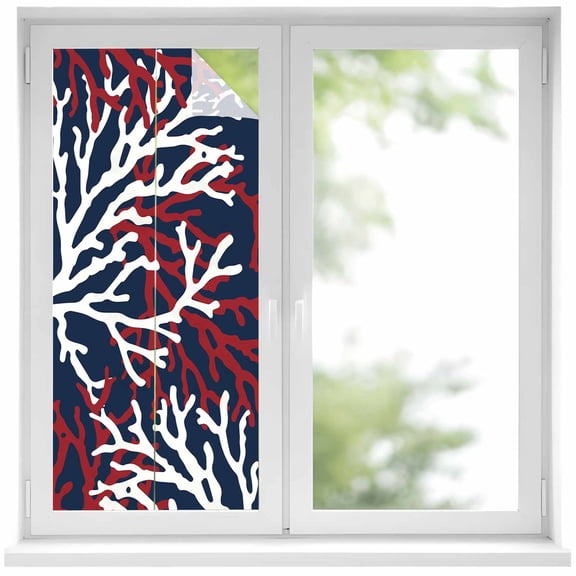 Red White Coral Privacy Window Film, Decorative Frosted Glass Window Film, Summer Ocean Nautical Coastal Navy Blue Reusable Peel and Stick Static Cling for Home Bathroom Office Glass Door 17.7"x39.3"