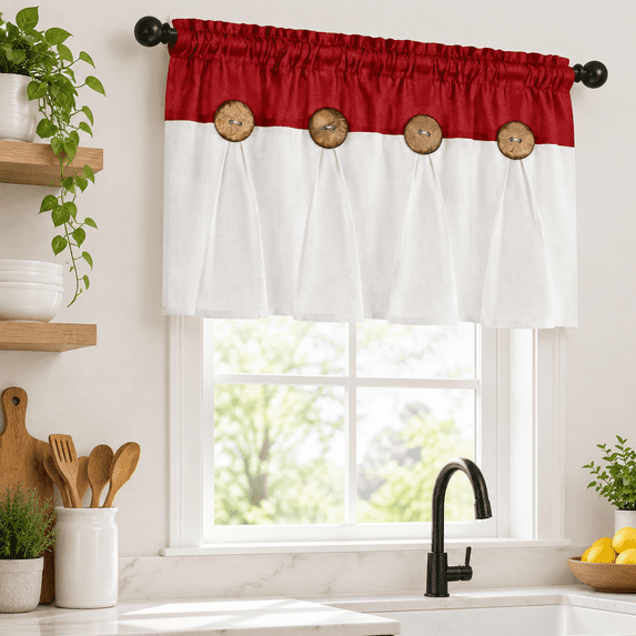 Red Bottern Red & White Cotton-Linen Farmhouse Window Valance with Buttons, 52W x ...