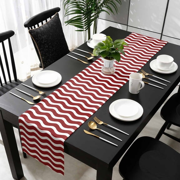 Red White Cotton Linen Table Runner 18 x 72 inch Modern Abstract Waves Water Ripple Striped Non-slip Rectangular Dining Table Decor for Wedding Party Holiday Dinner