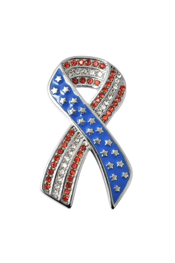Red White Crystal American Flag Ribbon Brooch in Stainless Steel Ct 0.65