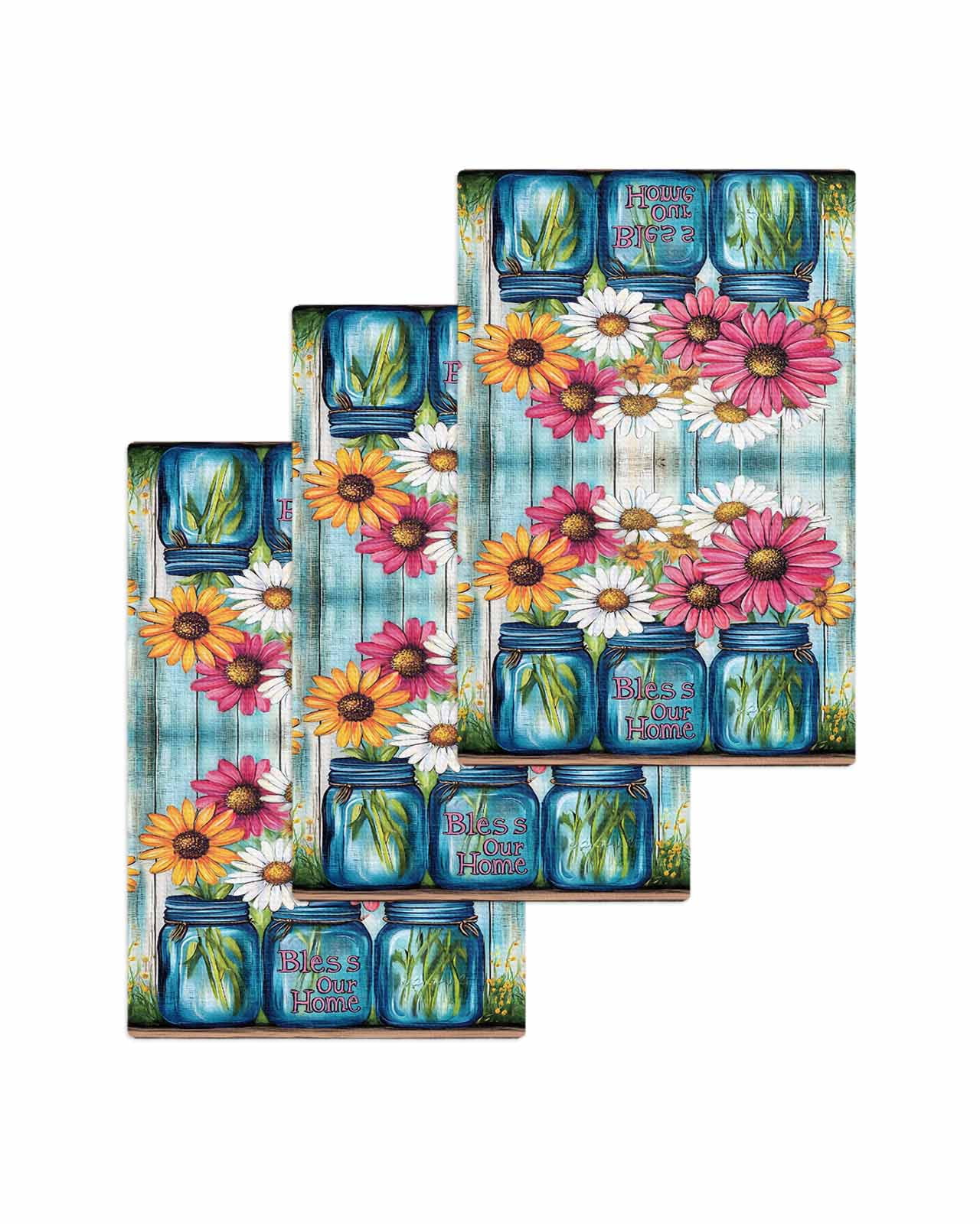 Red White Daisy Kitchen Dish Towels for Drying Dishes Set of 3, Vintage Bottle Teal Wooden Grain Waffle Weave Microfiber Terry Hand Tea Bathroom Towels Quick Dry & Absorbent Towel 15.7x23.6