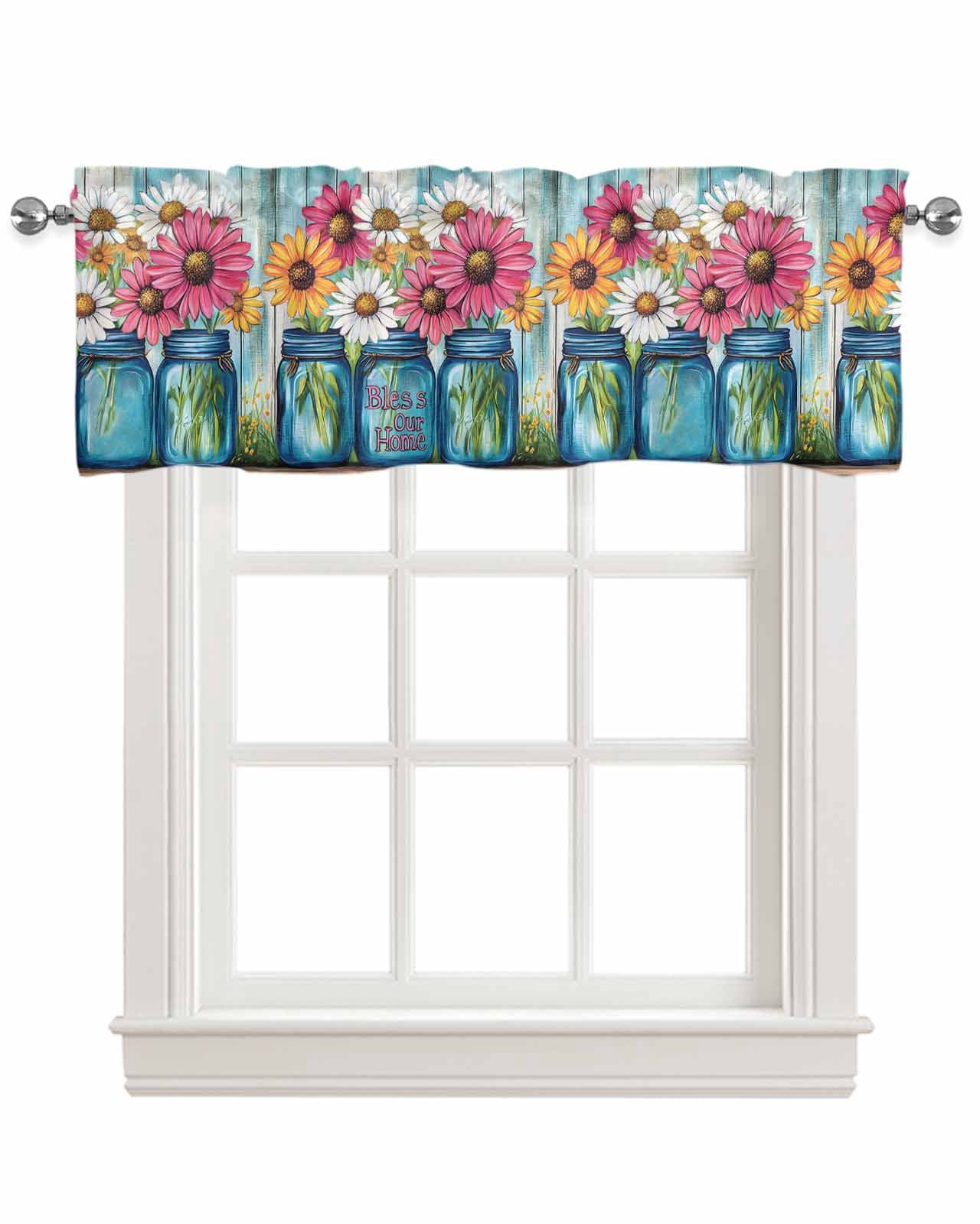 Red White Daisy Kitchen Valances for Windows Farmhouse Linen Window Valance Curtain for Living Room Window Treatment Vintage Bottle Teal Wooden Grain Valance Rod Pocket Topper Drape, 60 x 18 Inch