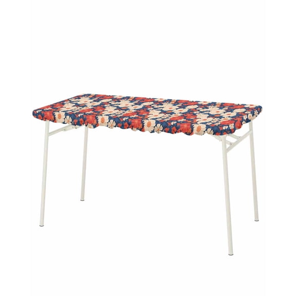 Red White Daisy Rectangle Tablecloth, Waterproof Elastic Fitted Table Covers for 8 Foot Tables, 32x96inch Decorative Tablecloths for Picnic, Camping, Outdoor, Farmhouse Retro Botanical Flowers