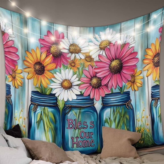 Red White Daisy Tapestry for Bedroom Wall Hanging Tapestry, Vintage Bottle Teal Wooden Grain Ceiling Backdrop Tapestries Poster Blanket Wall Decor for Teens Room Living Room Dorm 59" x 79"