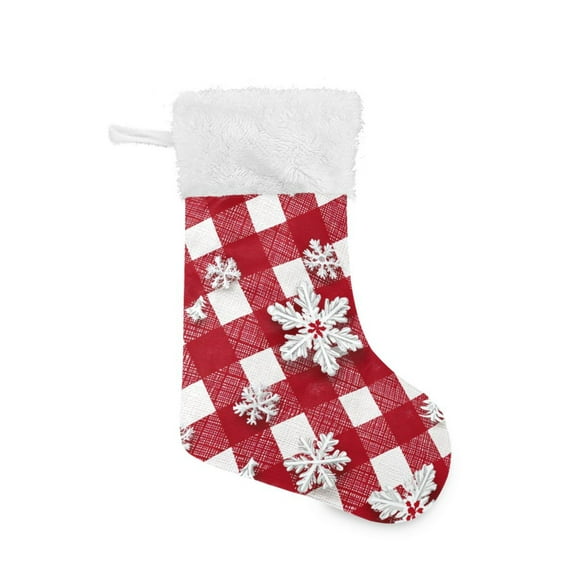 Red White Diagonal Plaids 3d Snowflakes Christmas Christmas Stockings Large Capacity 18 inch Gift Bag with Hook Xmas Holiday Decor 1 Pack