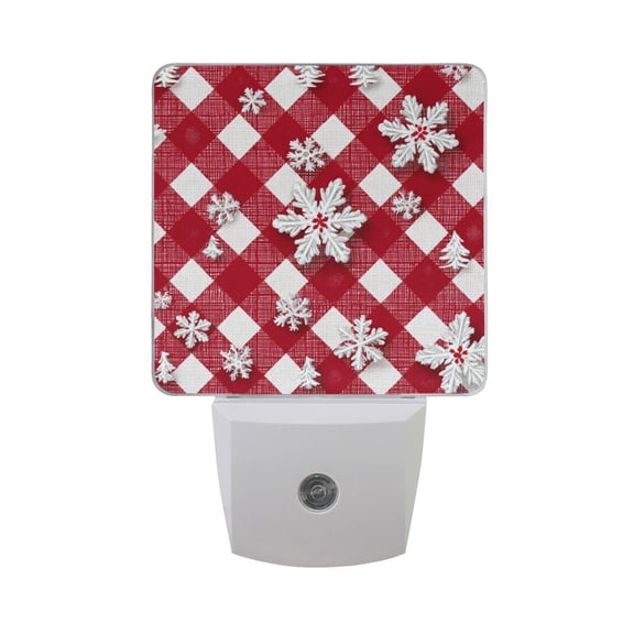 Red White Diagonal Plaids 3d Snowflakes Christmas LED Night Light Sensor Lamp Plug-in Adjustable Brightness 2 Pack