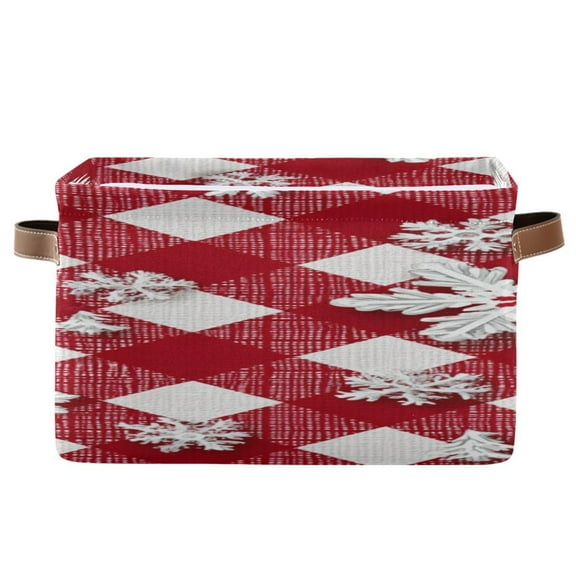 Red White Diagonal Plaids 3d Snowflakes Christmas Square Storage Bins with Handles Collapsible Containing Box 1 Pack