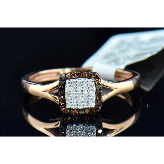 Red & White Diamond Engagement Ring Halo Round Cut Pave 10K Rose Gold