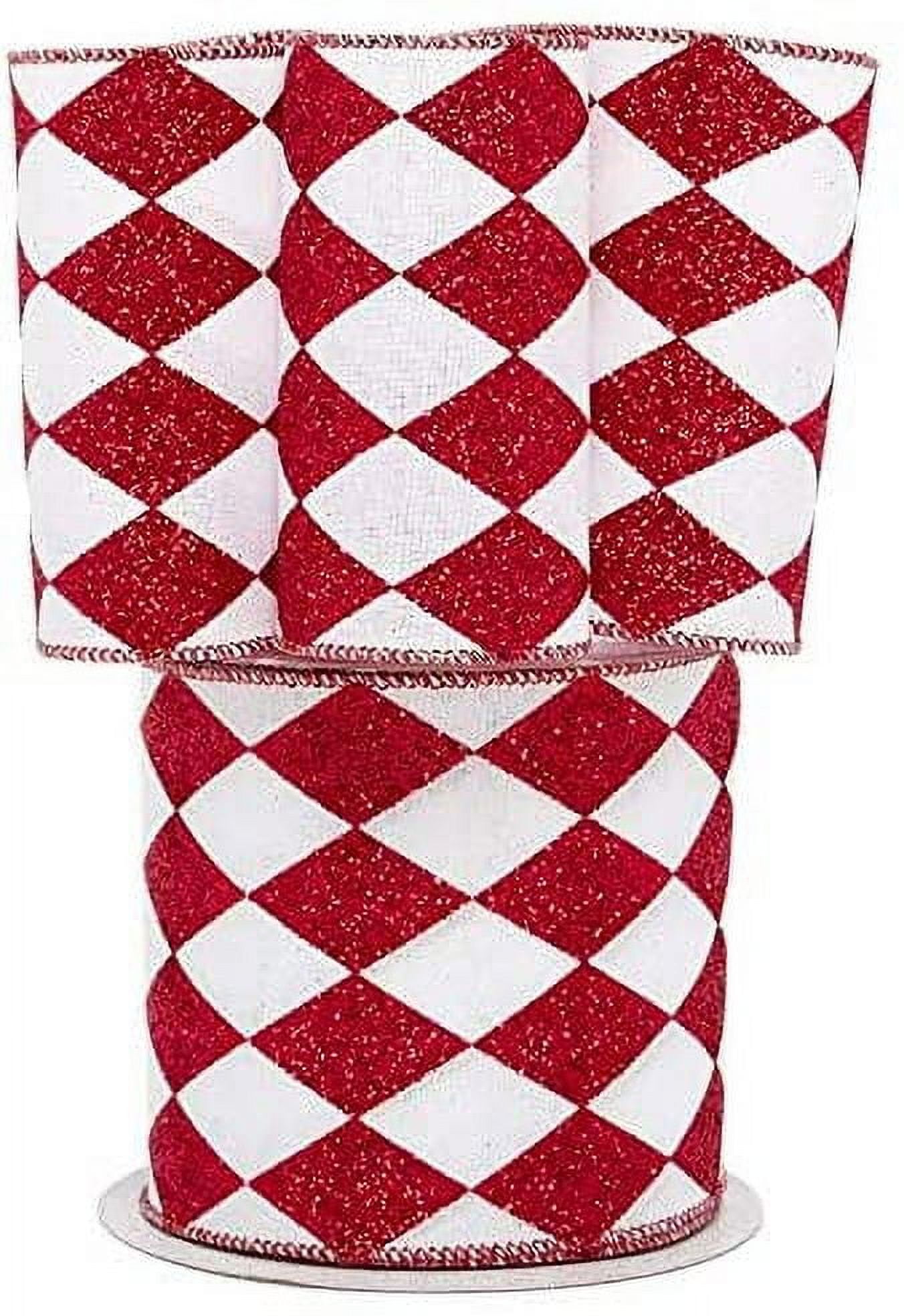 Red White Diamonds Harlequin Ribbon - 4" x 10 Yards, Argyle, Red Wire Edged, Glitter, Valentine's Day, Mardi Gras, Christmas, Wreath
