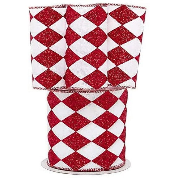 Red White Diamonds Harlequin Ribbon - 4" x 10 Yards, Argyle, Red Wire Edged, Glitter, Valentine's Day, Mardi Gras, Christmas, Wreath