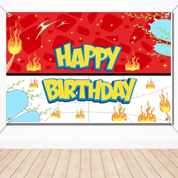Red White Element Happy Birthday Backdrop 5x3FT, Colorful Fire Water Lightning Party Banner, Kids Monster Adventure Inspired Photo Booth Background for Boys Birthday Party Supplies