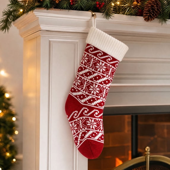 Loop Concert Red White Fair Isle Knit Christmas Stocking, Patterned Yarn with ...