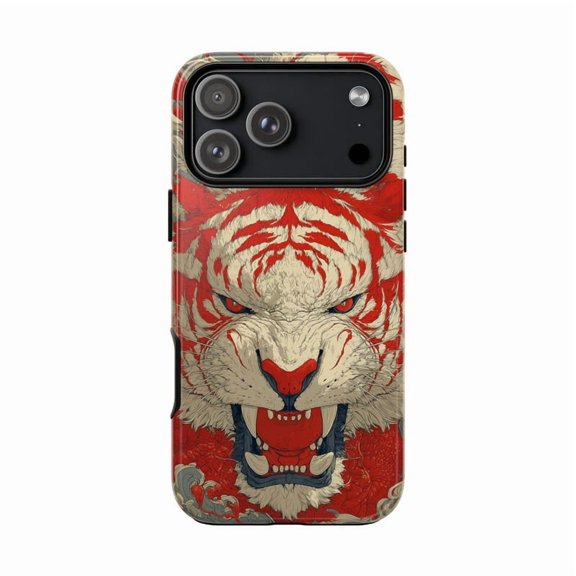 Red White Ferocious Tiger Wild Animal Shell with iPhone 17 to 11 Pro Max H01536