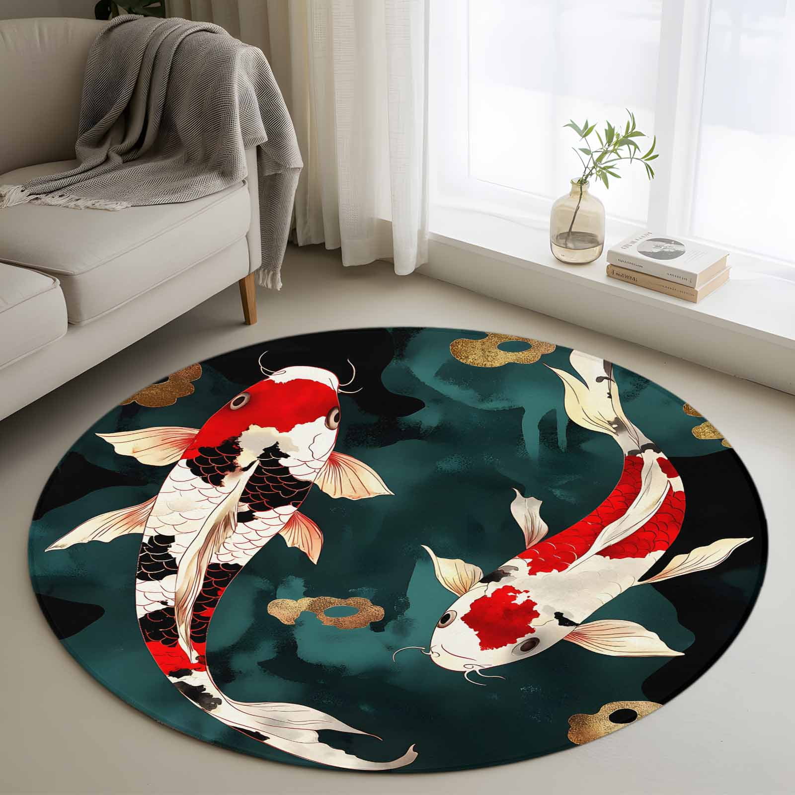 Red White Fish Round Area Rug 4 FT, Non Slip Indoor Outdoor Rug ...